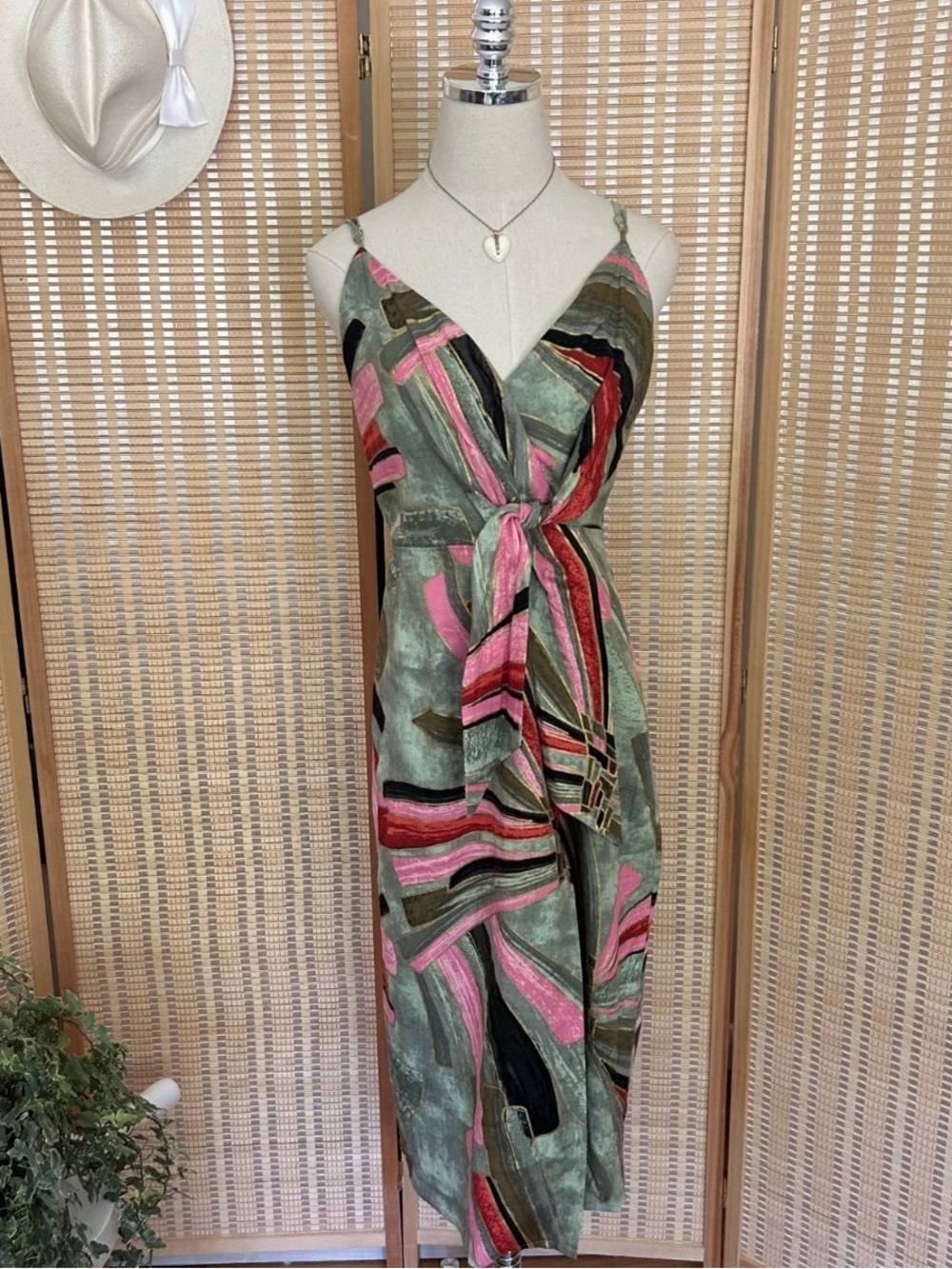 Jason Wu Linen Blend Wrap Dress Size 4 Abstract Green Pink Midi